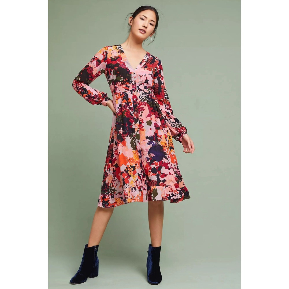 Anthropologie Maeve Women's  Midi Dress 100% Silk Floral Belted Colorful Sz 10‎